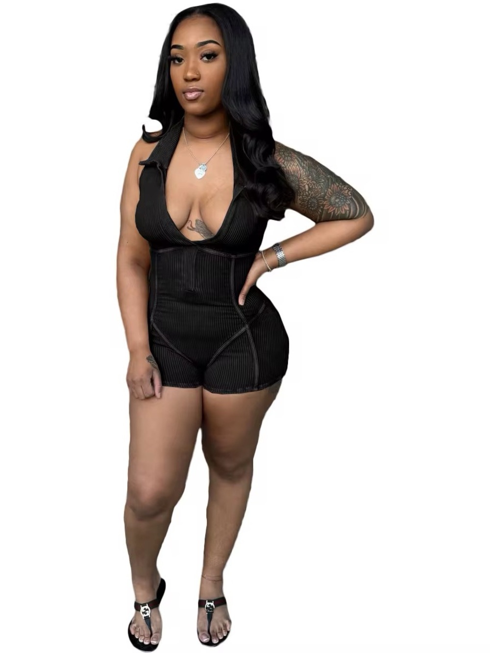 Mineral Wash Black Ribbed Sleeveless Plunge Romper